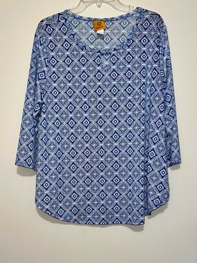 EUC Ruby Rd. Blue White Geometric Diamond Pattern Shirt Women's Size XL